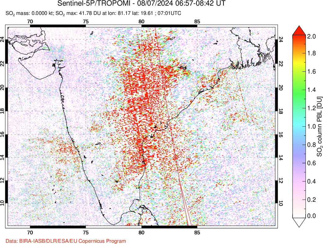 A sulfur dioxide image over India on Aug 07, 2024.