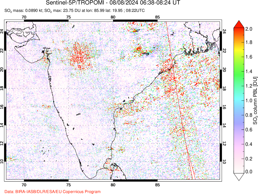 A sulfur dioxide image over India on Aug 08, 2024.