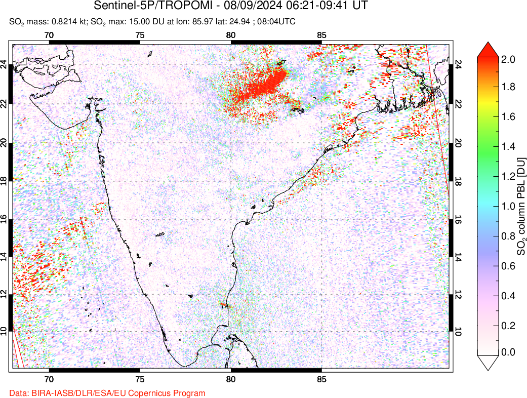 A sulfur dioxide image over India on Aug 09, 2024.