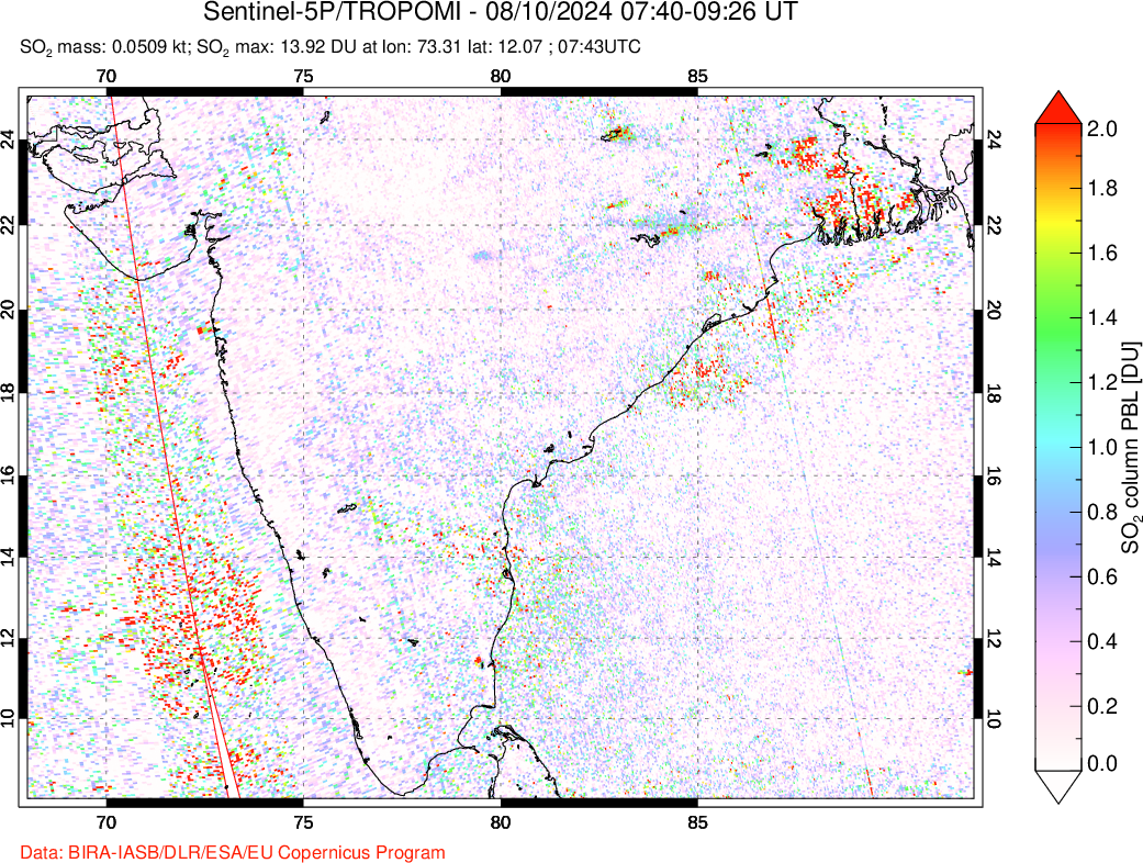 A sulfur dioxide image over India on Aug 10, 2024.