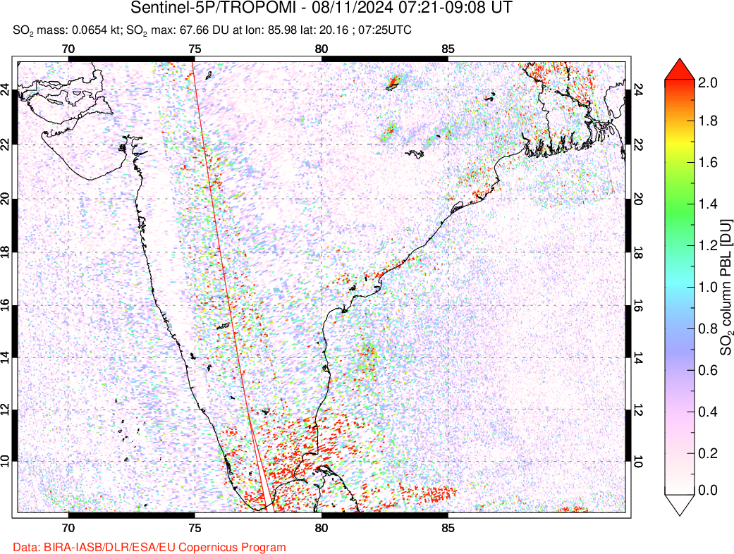 A sulfur dioxide image over India on Aug 11, 2024.