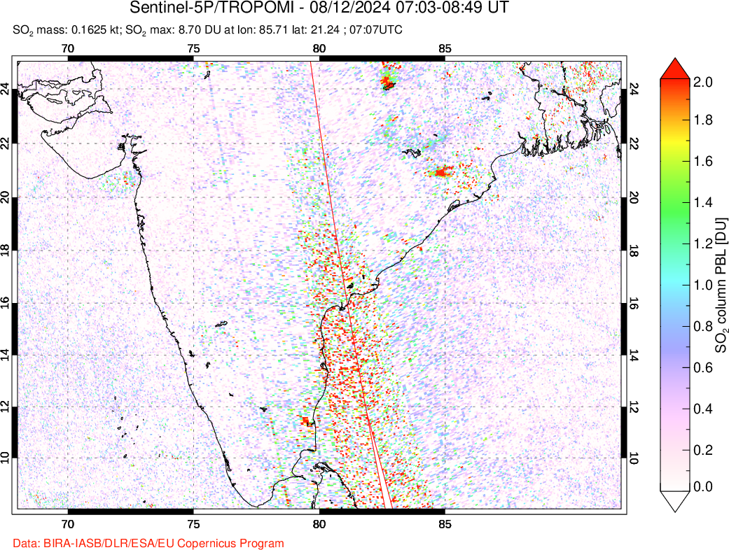 A sulfur dioxide image over India on Aug 12, 2024.