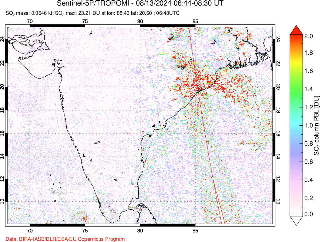 A sulfur dioxide image over India on Aug 13, 2024.