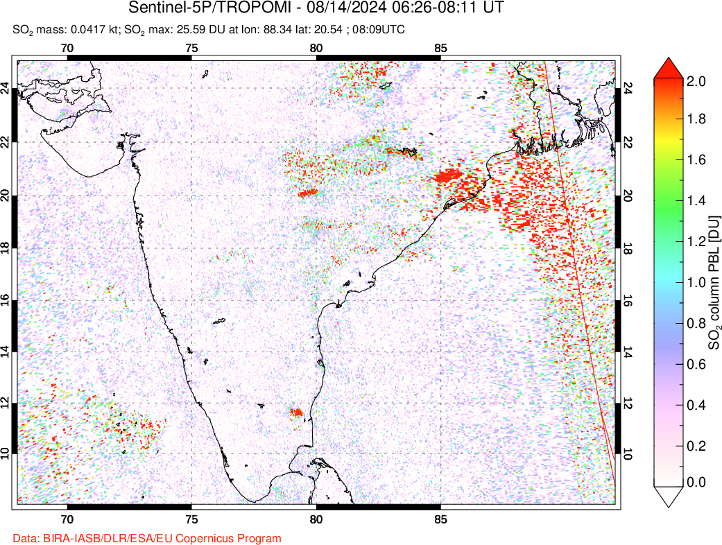 A sulfur dioxide image over India on Aug 14, 2024.