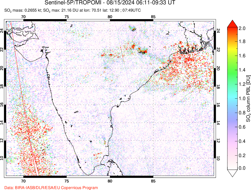 A sulfur dioxide image over India on Aug 15, 2024.