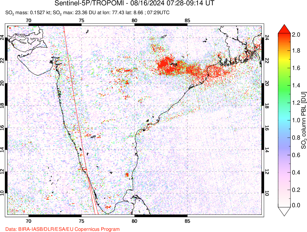 A sulfur dioxide image over India on Aug 16, 2024.