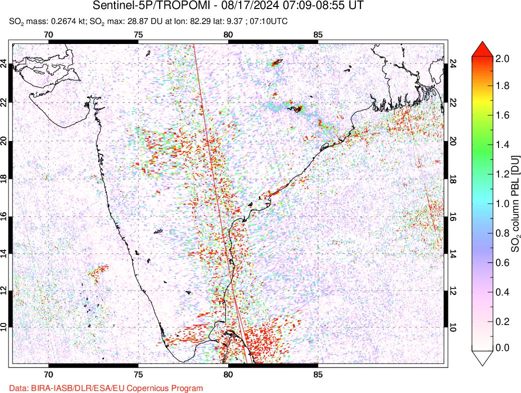 A sulfur dioxide image over India on Aug 17, 2024.