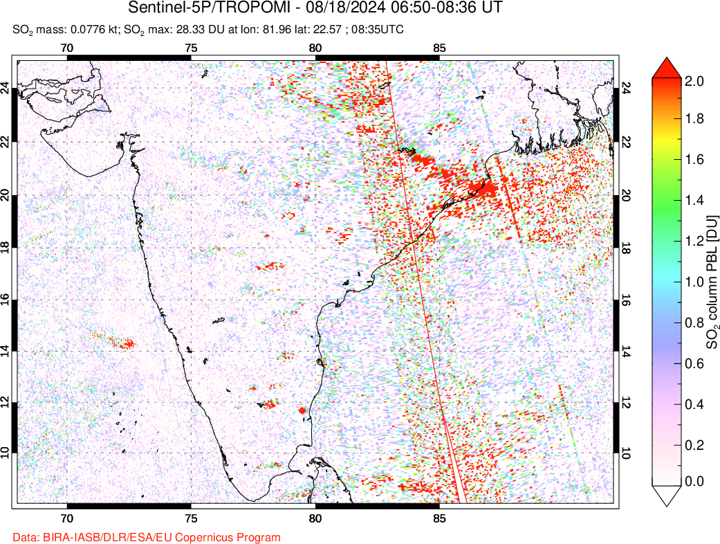 A sulfur dioxide image over India on Aug 18, 2024.