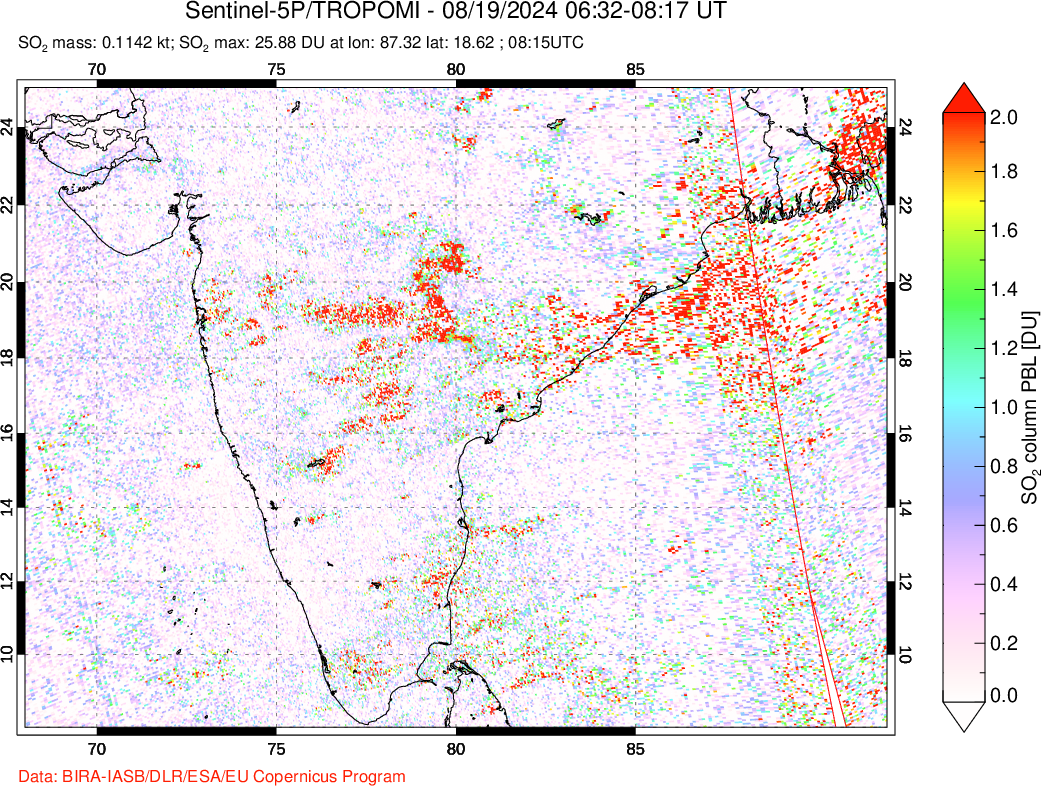 A sulfur dioxide image over India on Aug 19, 2024.