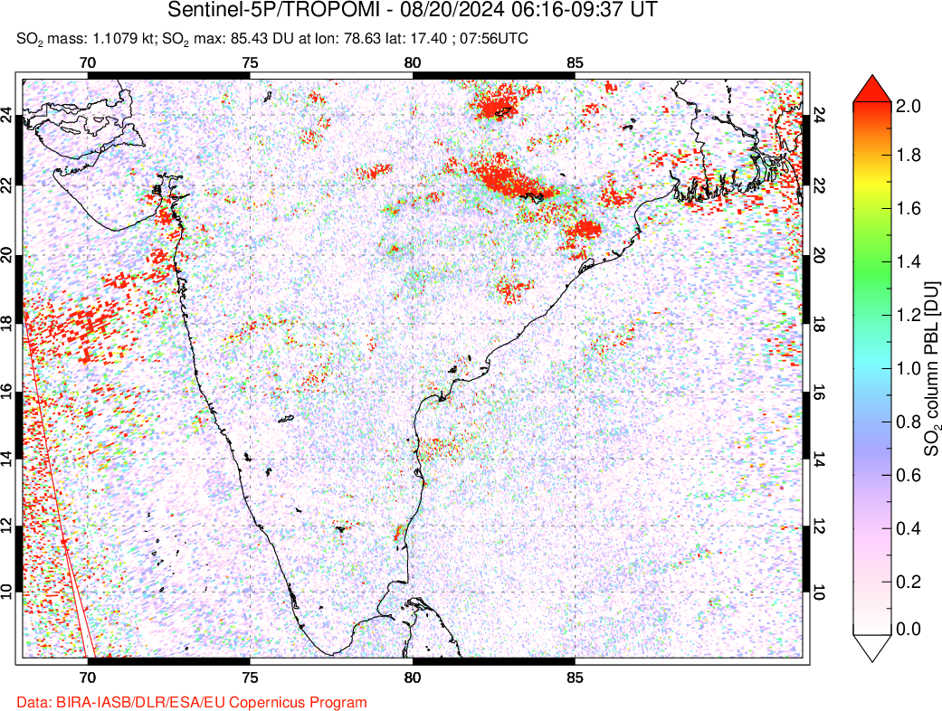 A sulfur dioxide image over India on Aug 20, 2024.