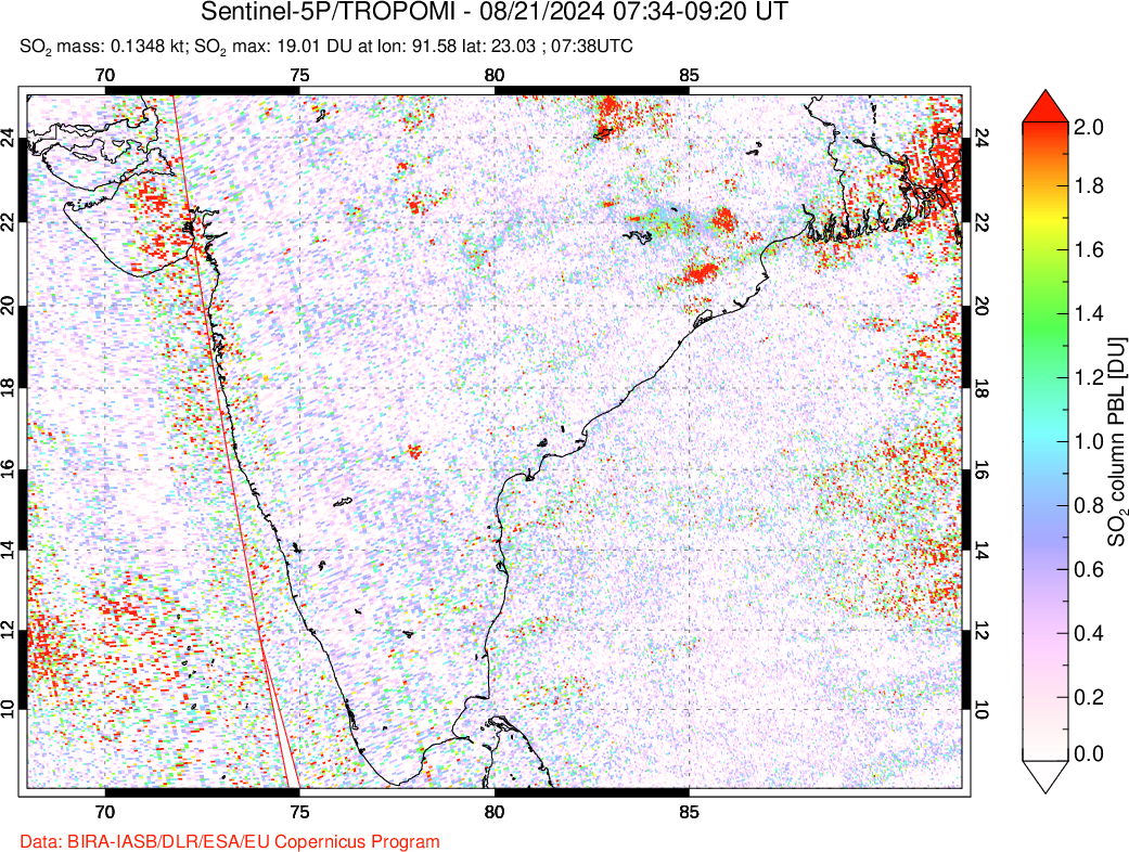 A sulfur dioxide image over India on Aug 21, 2024.