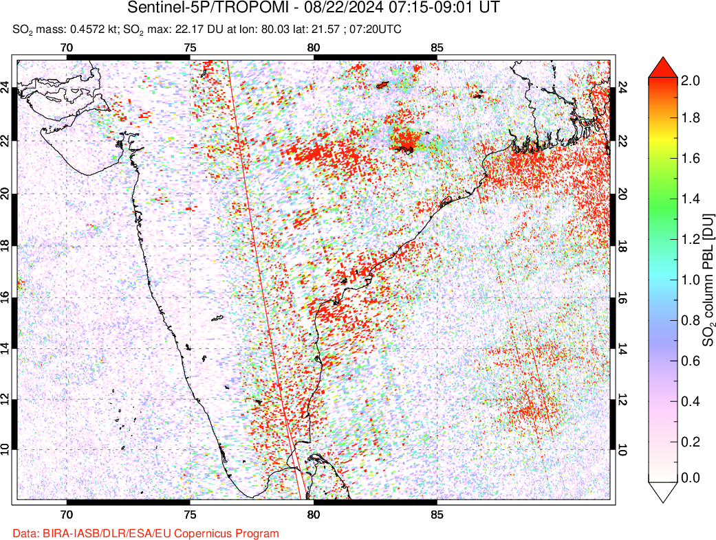 A sulfur dioxide image over India on Aug 22, 2024.