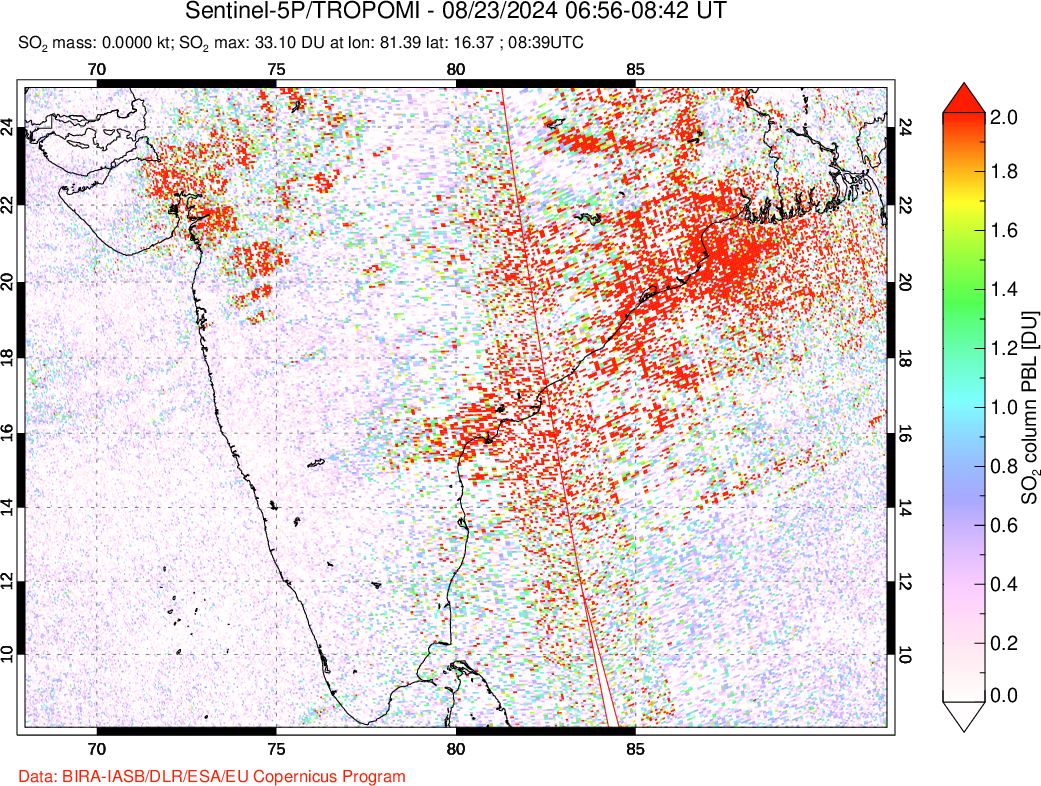 A sulfur dioxide image over India on Aug 23, 2024.