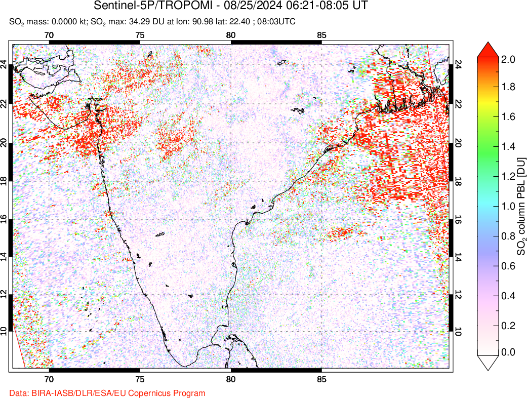 A sulfur dioxide image over India on Aug 25, 2024.