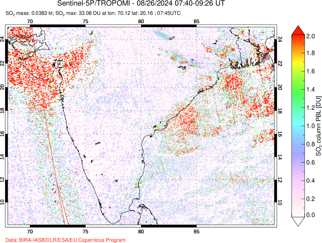 A sulfur dioxide image over India on Aug 26, 2024.