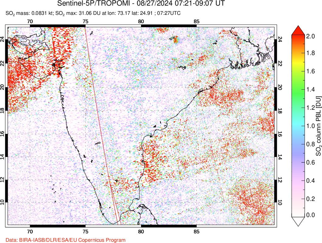 A sulfur dioxide image over India on Aug 27, 2024.