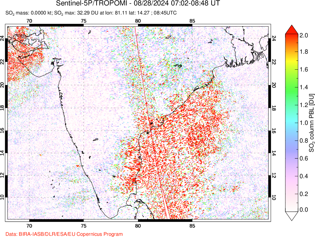 A sulfur dioxide image over India on Aug 28, 2024.