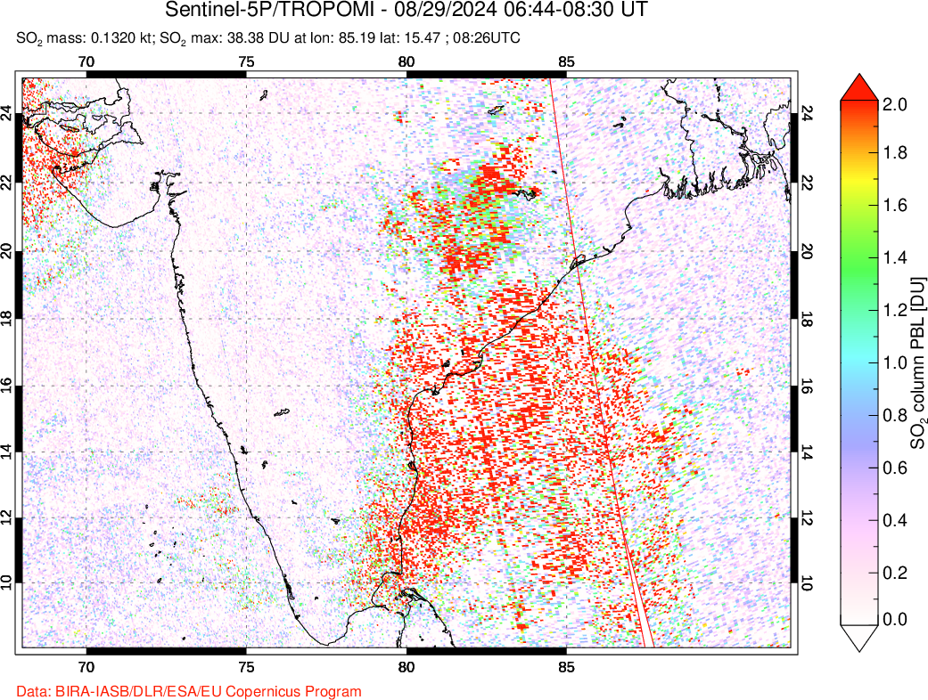 A sulfur dioxide image over India on Aug 29, 2024.