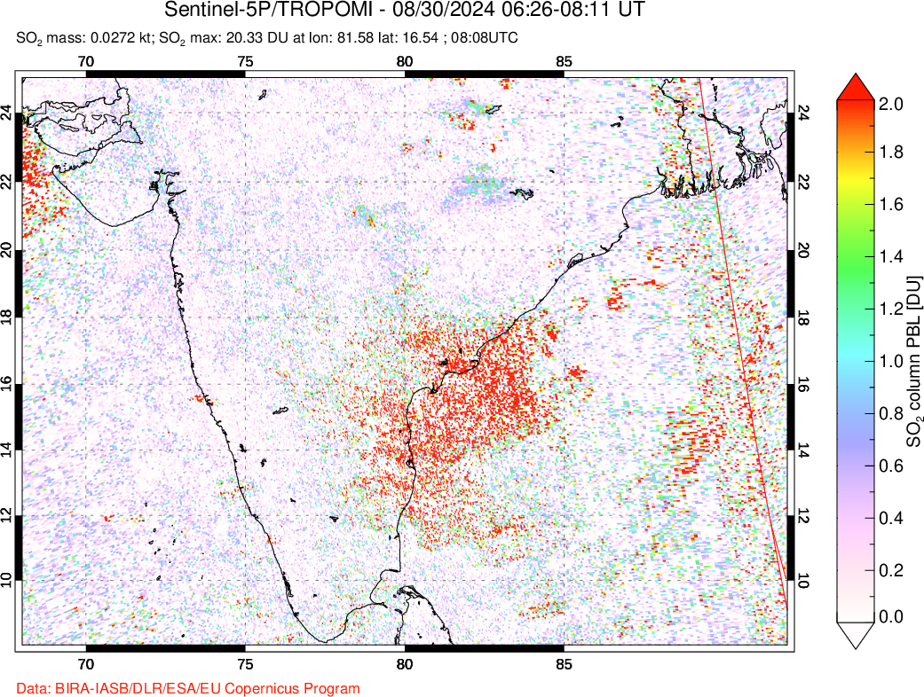 A sulfur dioxide image over India on Aug 30, 2024.