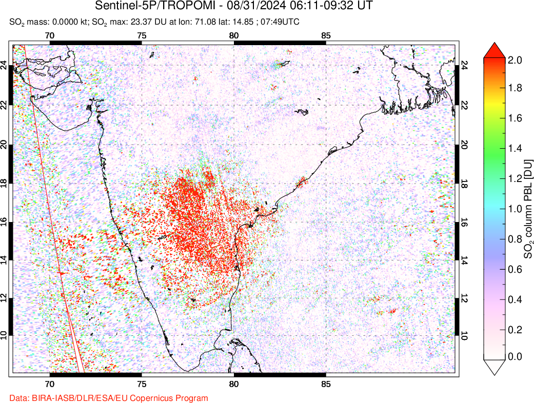 A sulfur dioxide image over India on Aug 31, 2024.