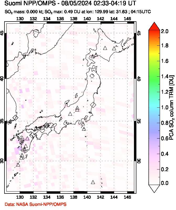 A sulfur dioxide image over Japan on Aug 05, 2024.