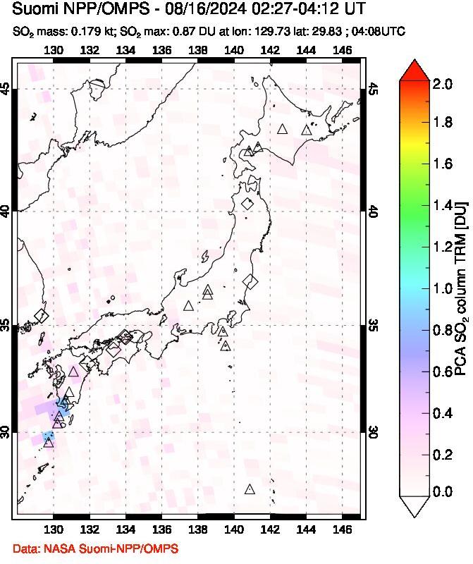 A sulfur dioxide image over Japan on Aug 16, 2024.