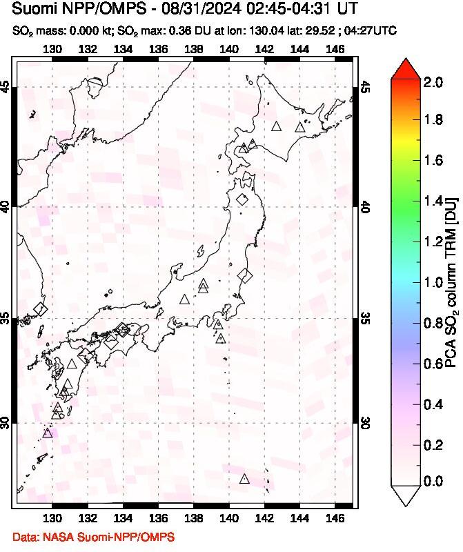 A sulfur dioxide image over Japan on Aug 31, 2024.