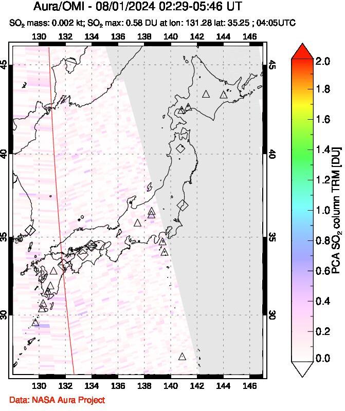 A sulfur dioxide image over Japan on Aug 01, 2024.