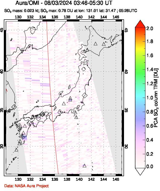 A sulfur dioxide image over Japan on Aug 03, 2024.