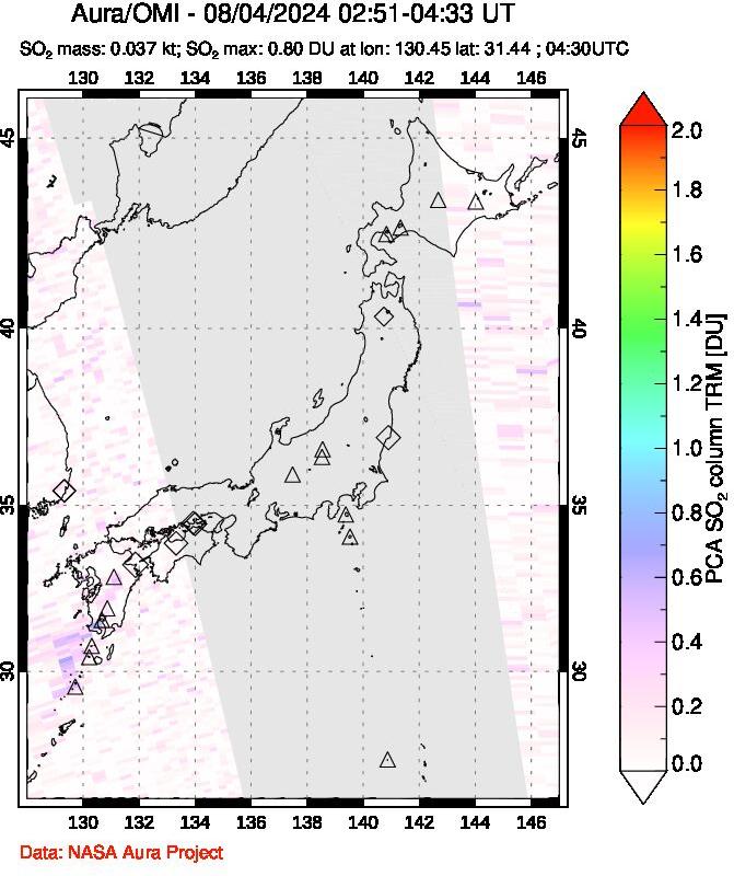 A sulfur dioxide image over Japan on Aug 04, 2024.