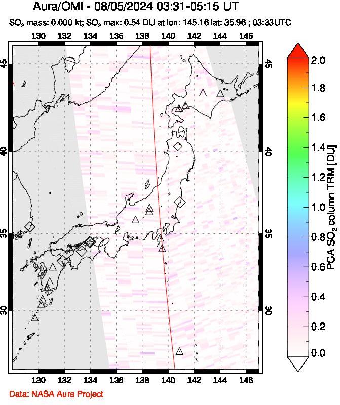 A sulfur dioxide image over Japan on Aug 05, 2024.