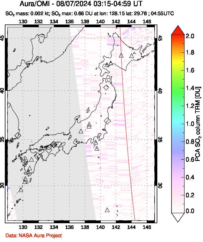 A sulfur dioxide image over Japan on Aug 07, 2024.