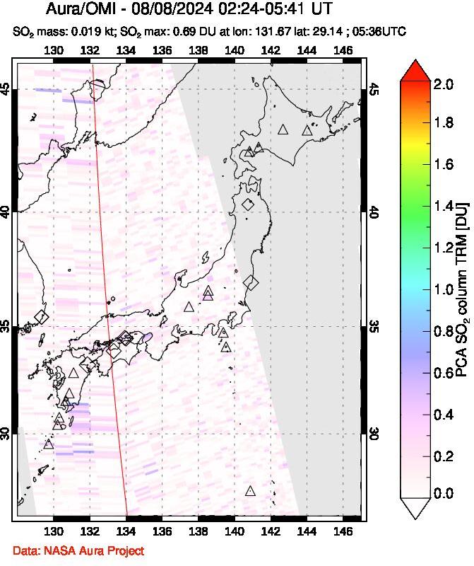 A sulfur dioxide image over Japan on Aug 08, 2024.