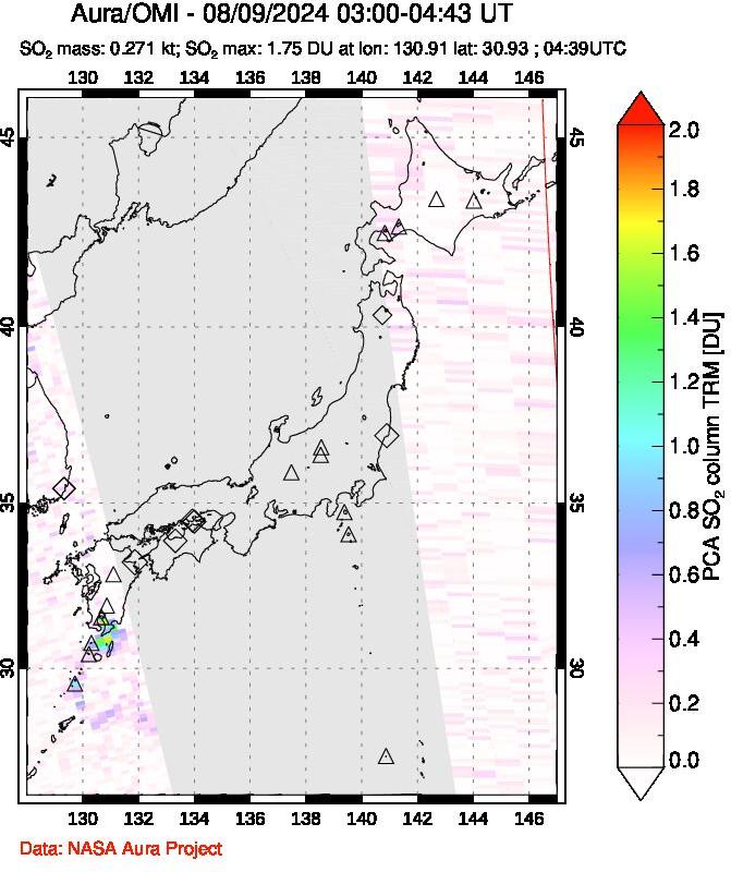 A sulfur dioxide image over Japan on Aug 09, 2024.