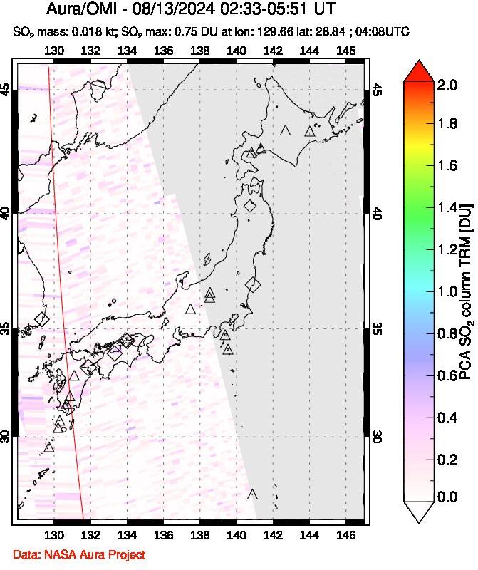 A sulfur dioxide image over Japan on Aug 13, 2024.