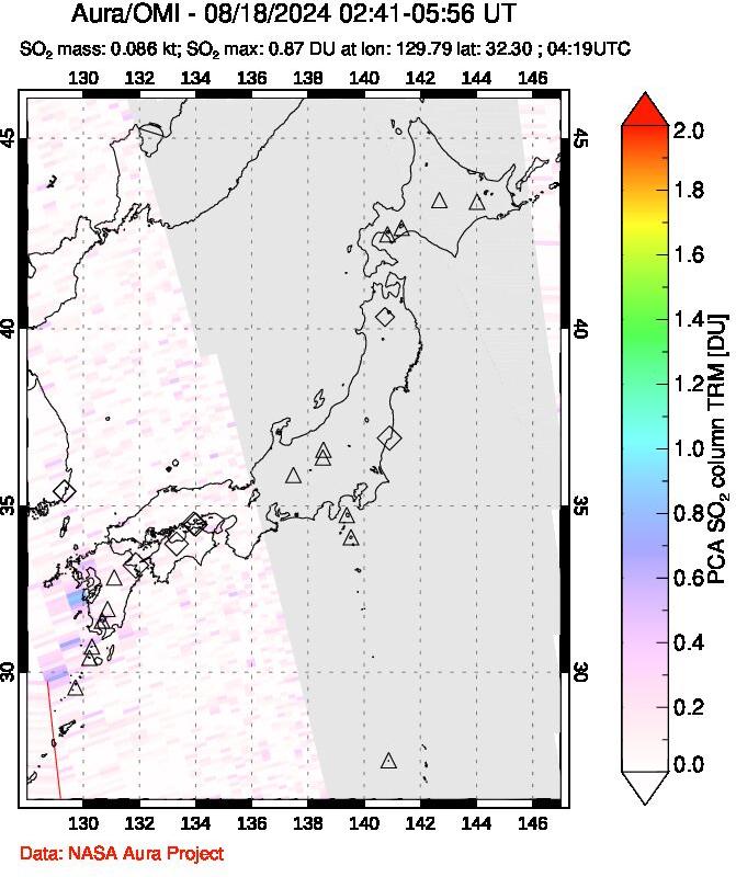 A sulfur dioxide image over Japan on Aug 18, 2024.