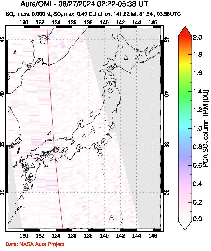 A sulfur dioxide image over Japan on Aug 27, 2024.