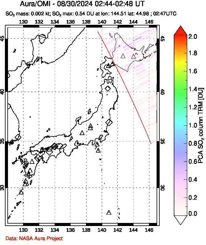 A sulfur dioxide image over Japan on Aug 30, 2024.