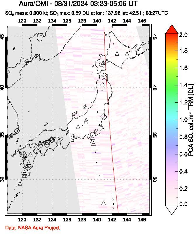 A sulfur dioxide image over Japan on Aug 31, 2024.