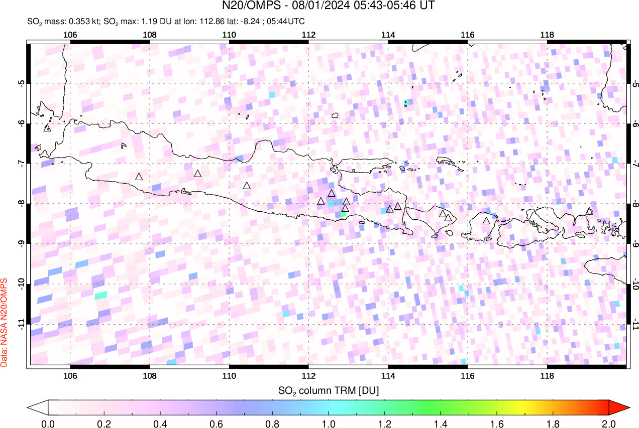 A sulfur dioxide image over Java, Indonesia on Aug 01, 2024.