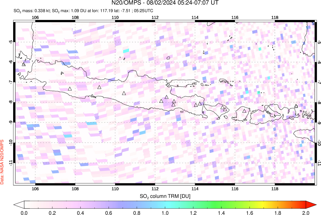 A sulfur dioxide image over Java, Indonesia on Aug 02, 2024.