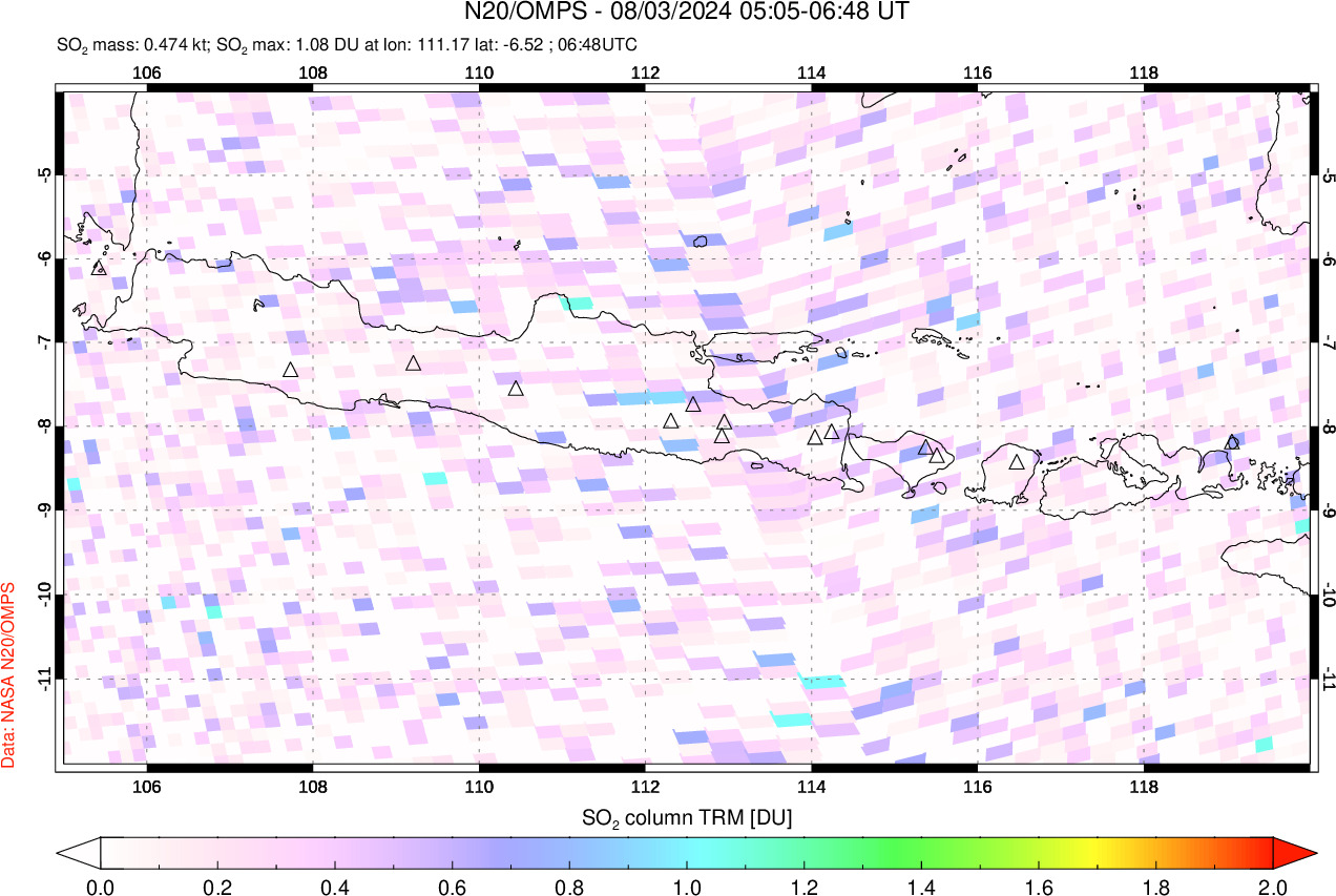 A sulfur dioxide image over Java, Indonesia on Aug 03, 2024.