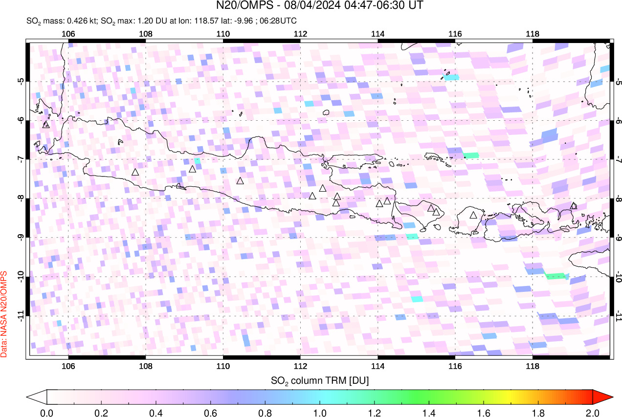 A sulfur dioxide image over Java, Indonesia on Aug 04, 2024.