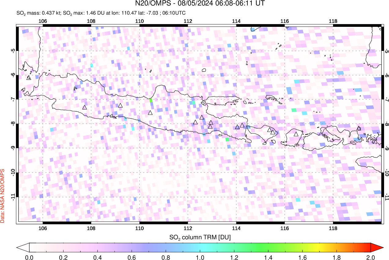 A sulfur dioxide image over Java, Indonesia on Aug 05, 2024.