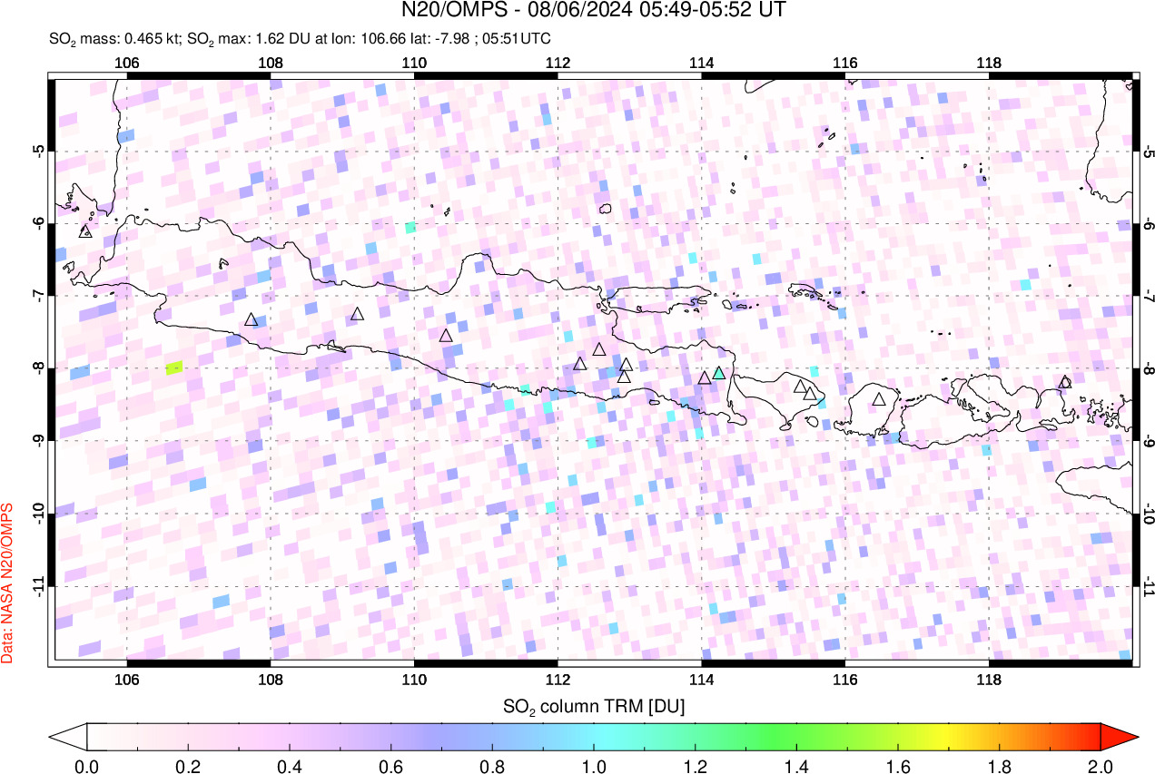 A sulfur dioxide image over Java, Indonesia on Aug 06, 2024.