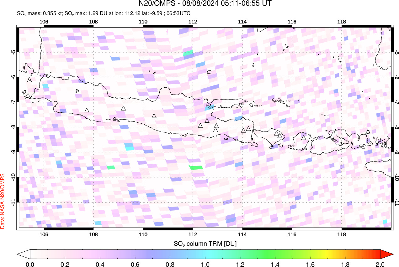 A sulfur dioxide image over Java, Indonesia on Aug 08, 2024.