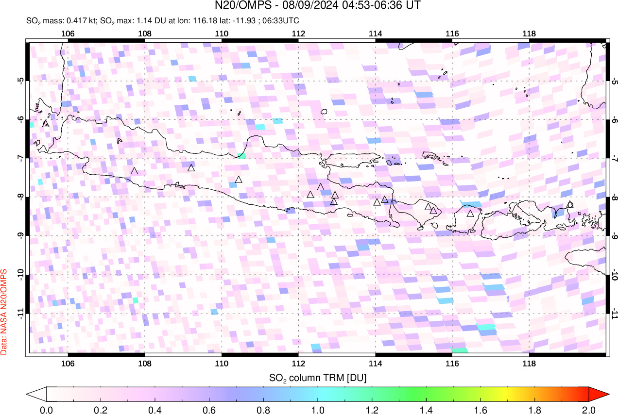 A sulfur dioxide image over Java, Indonesia on Aug 09, 2024.