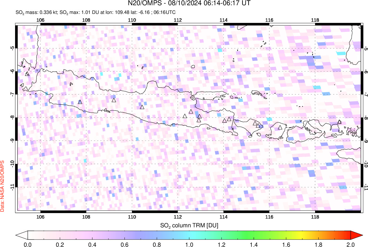 A sulfur dioxide image over Java, Indonesia on Aug 10, 2024.