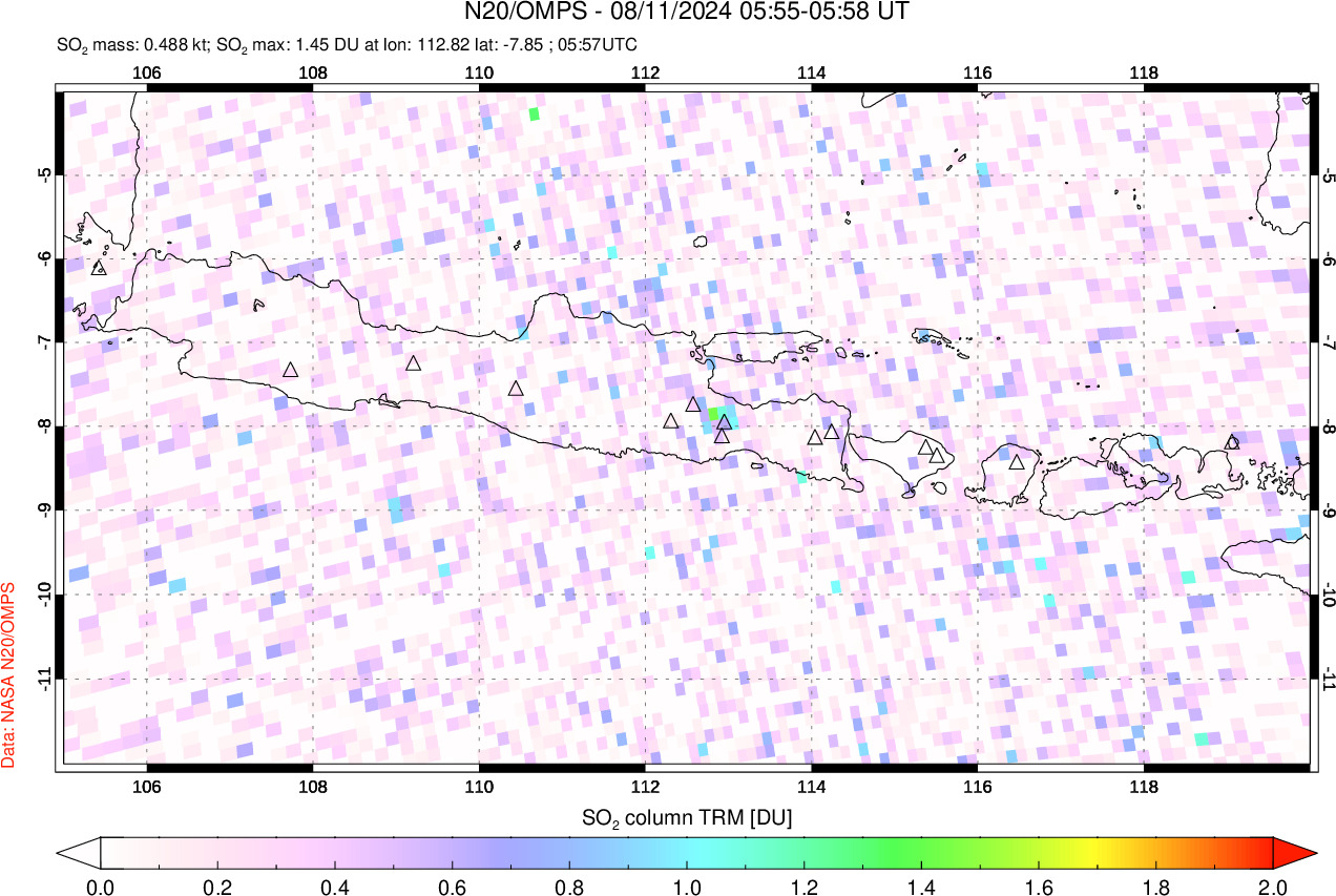 A sulfur dioxide image over Java, Indonesia on Aug 11, 2024.