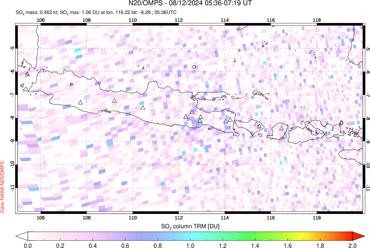 A sulfur dioxide image over Java, Indonesia on Aug 12, 2024.